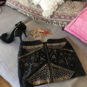 Ladakh Faux black leather studded mini skirt with zipper